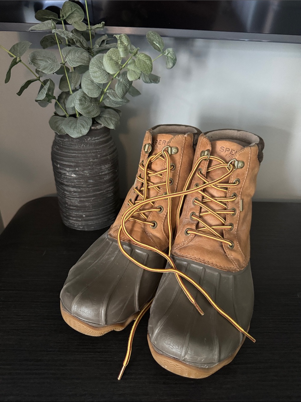 Sperry Tan Leather with Olive Rubber Duck Boots